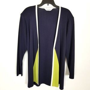 Exclusively Misook Women Color Block Cardigan Sweater Sz L Navy Green Open Light